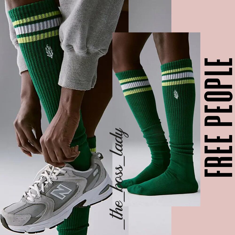 Free People knee high socks ribbed embroidered buti logo striped
